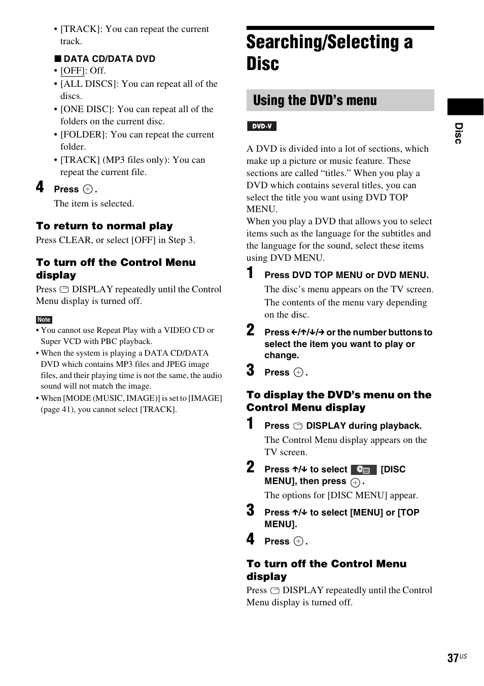 Searching/selecting a disc, Using the dvd’s menu | Sony DAV-HDX274 User Manual | Page 37 / 92