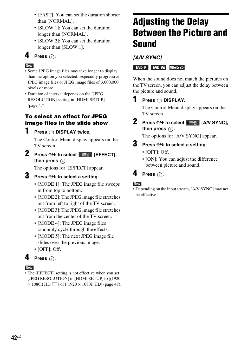 Adjusting the delay between the picture and sound, Adjusting the delay between the picture, And sound | Sony DAV-HDX274 User Manual | Page 42 / 92