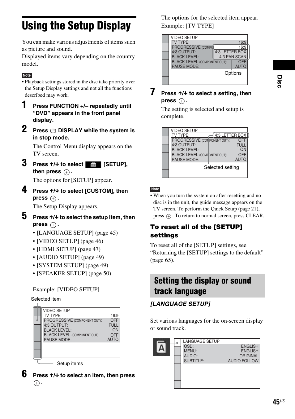Using the setup display, Setting the display or sound track language, Using | Dis c | Sony DAV-HDX274 User Manual | Page 45 / 92