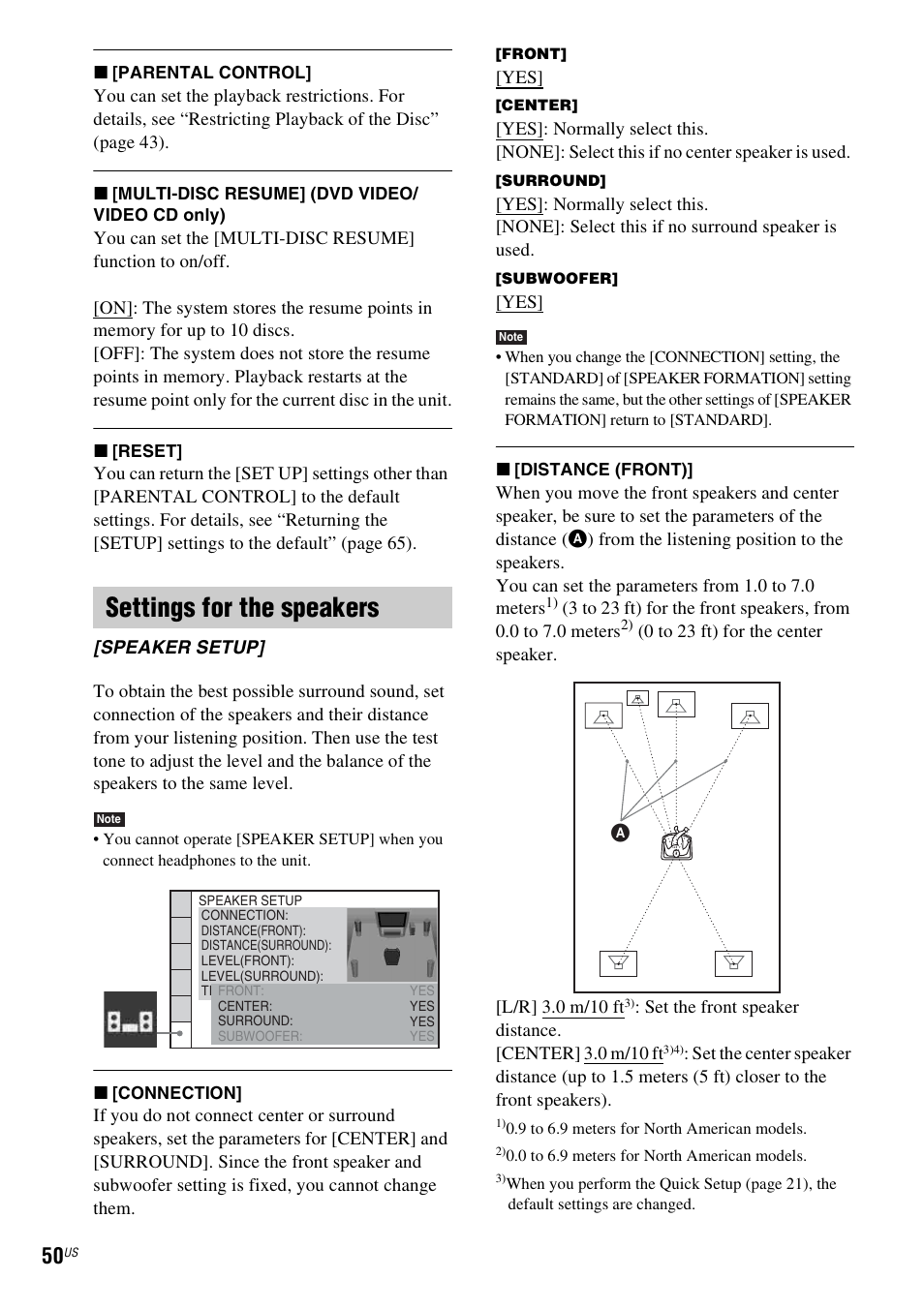 Settings for the speakers | Sony DAV-HDX274 User Manual | Page 50 / 92