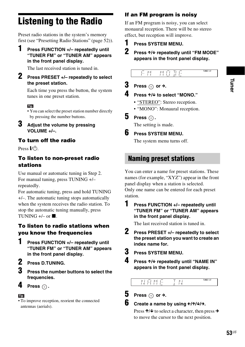Listening to the radio, Naming preset stations | Sony DAV-HDX274 User Manual | Page 53 / 92