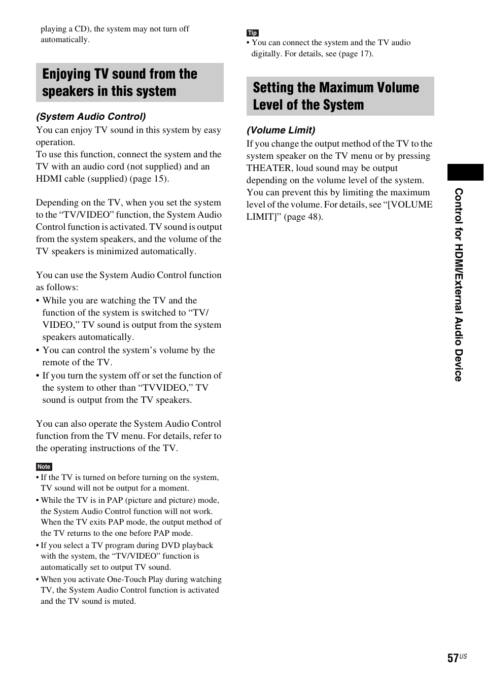 Enjoying tv sound from the speakers in this system, Setting the maximum volume level of the system | Sony DAV-HDX274 User Manual | Page 57 / 92