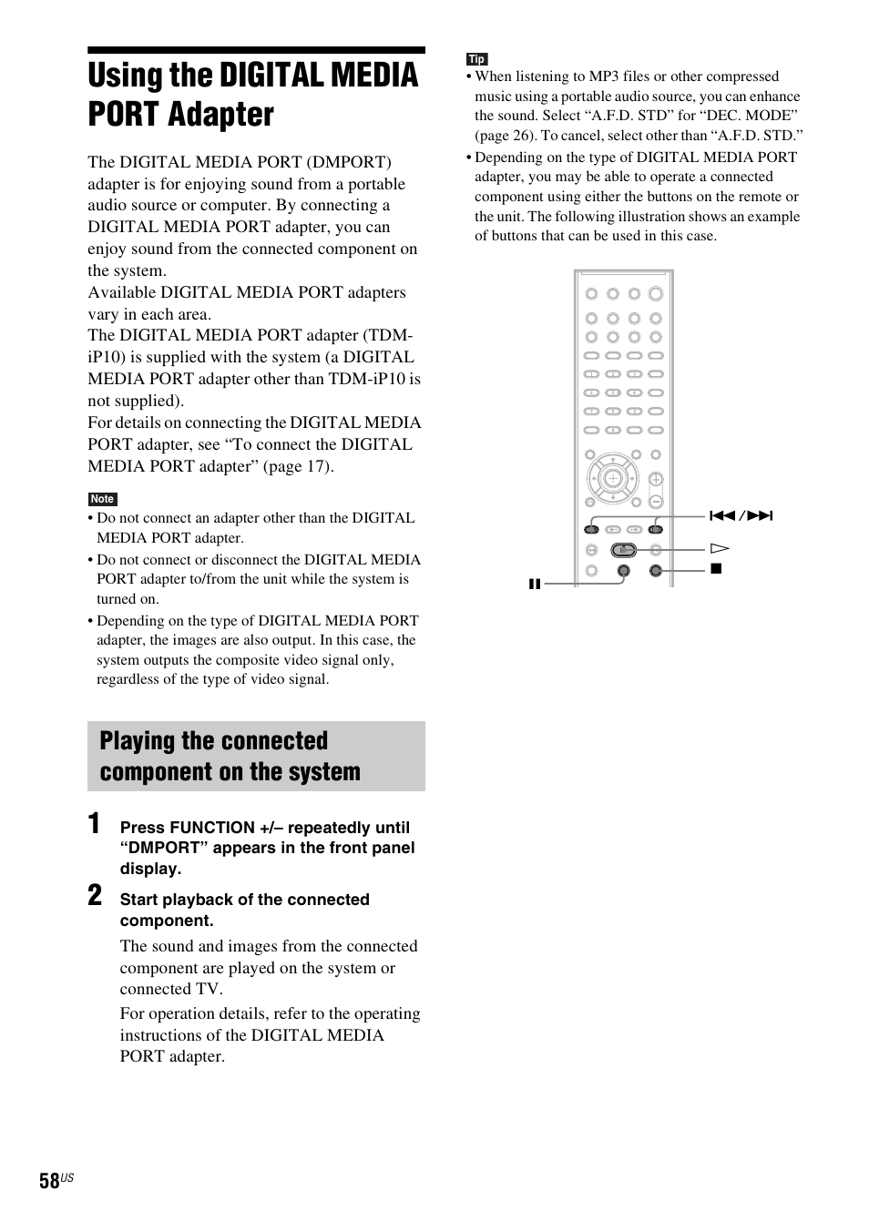Using the digital media port adapter, Playing the connected component on the system, Using the digital media port | Adapter | Sony DAV-HDX274 User Manual | Page 58 / 92