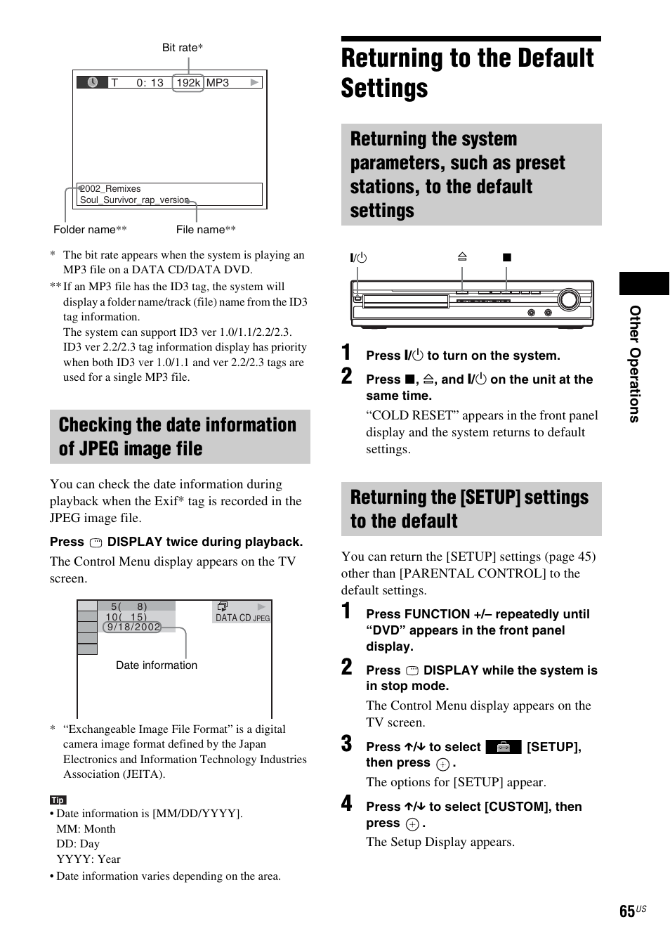 Checking the date information of jpeg image file, Returning to the default settings, Returning the [setup] settings to the default | Sony DAV-HDX274 User Manual | Page 65 / 92