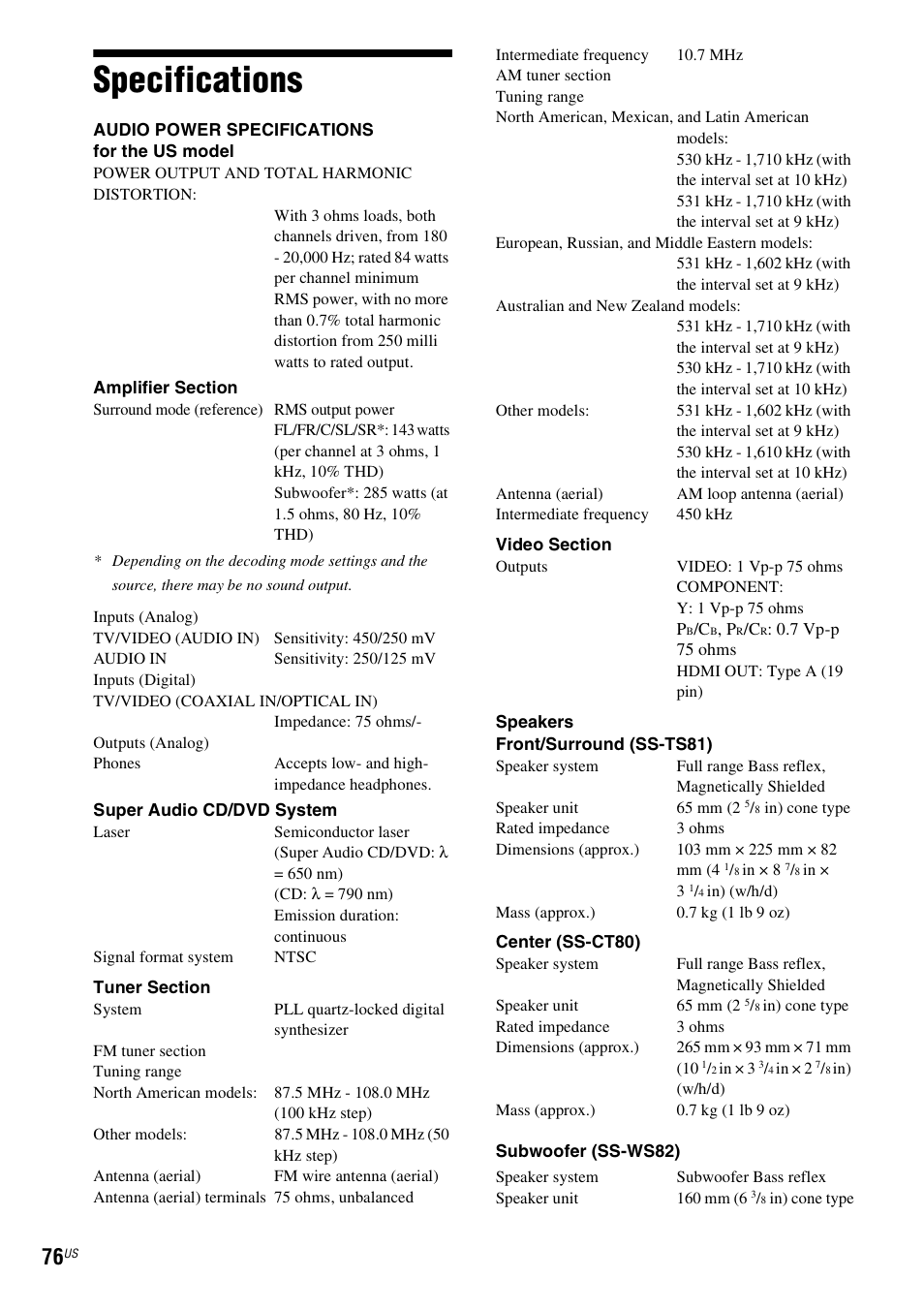 Specifications | Sony DAV-HDX274 User Manual | Page 76 / 92