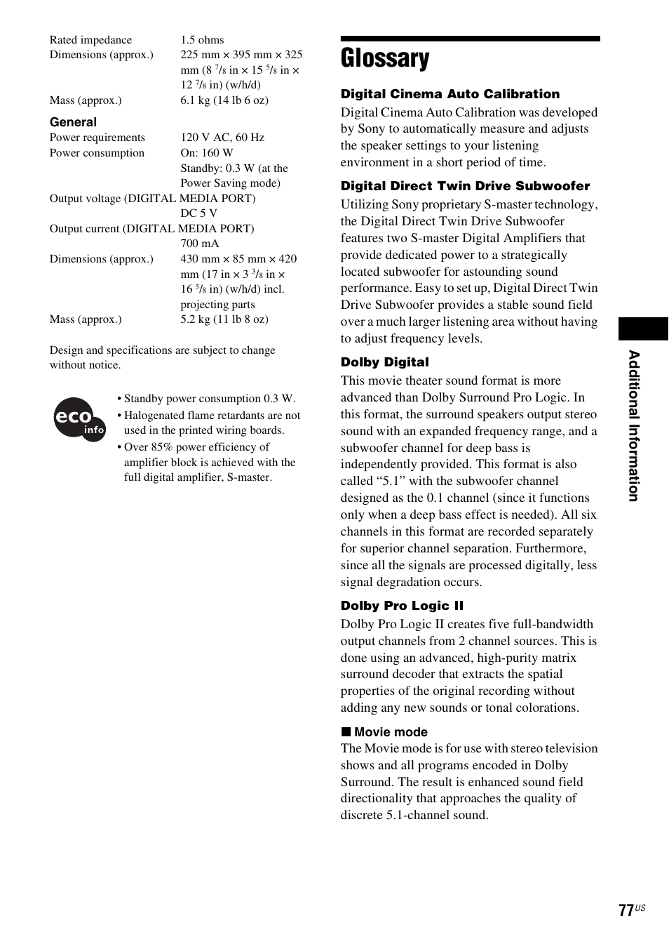 Glossary, Ad dit iona l inf o rma tion | Sony DAV-HDX274 User Manual | Page 77 / 92
