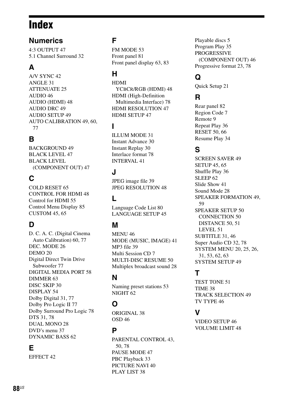 Index, Numerics | Sony DAV-HDX274 User Manual | Page 88 / 92