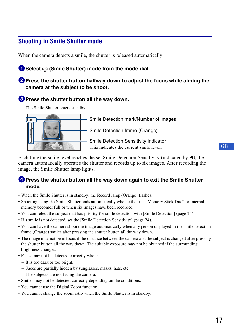 Shooting in smile shutter mode | Sony DSC-W300 User Manual | Page 17 / 76