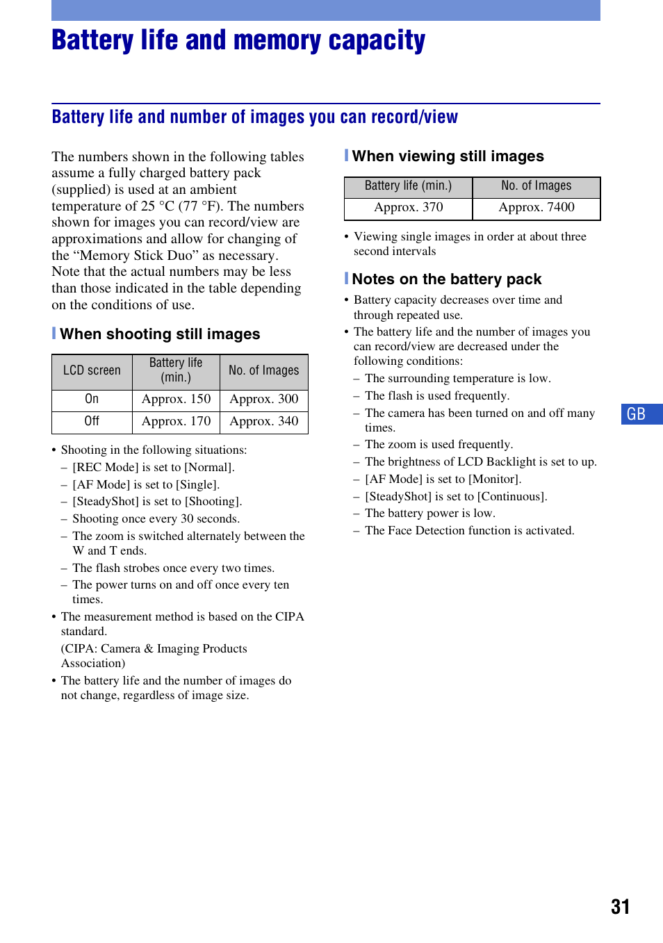 Battery life and memory capacity | Sony DSC-W300 User Manual | Page 31 / 76