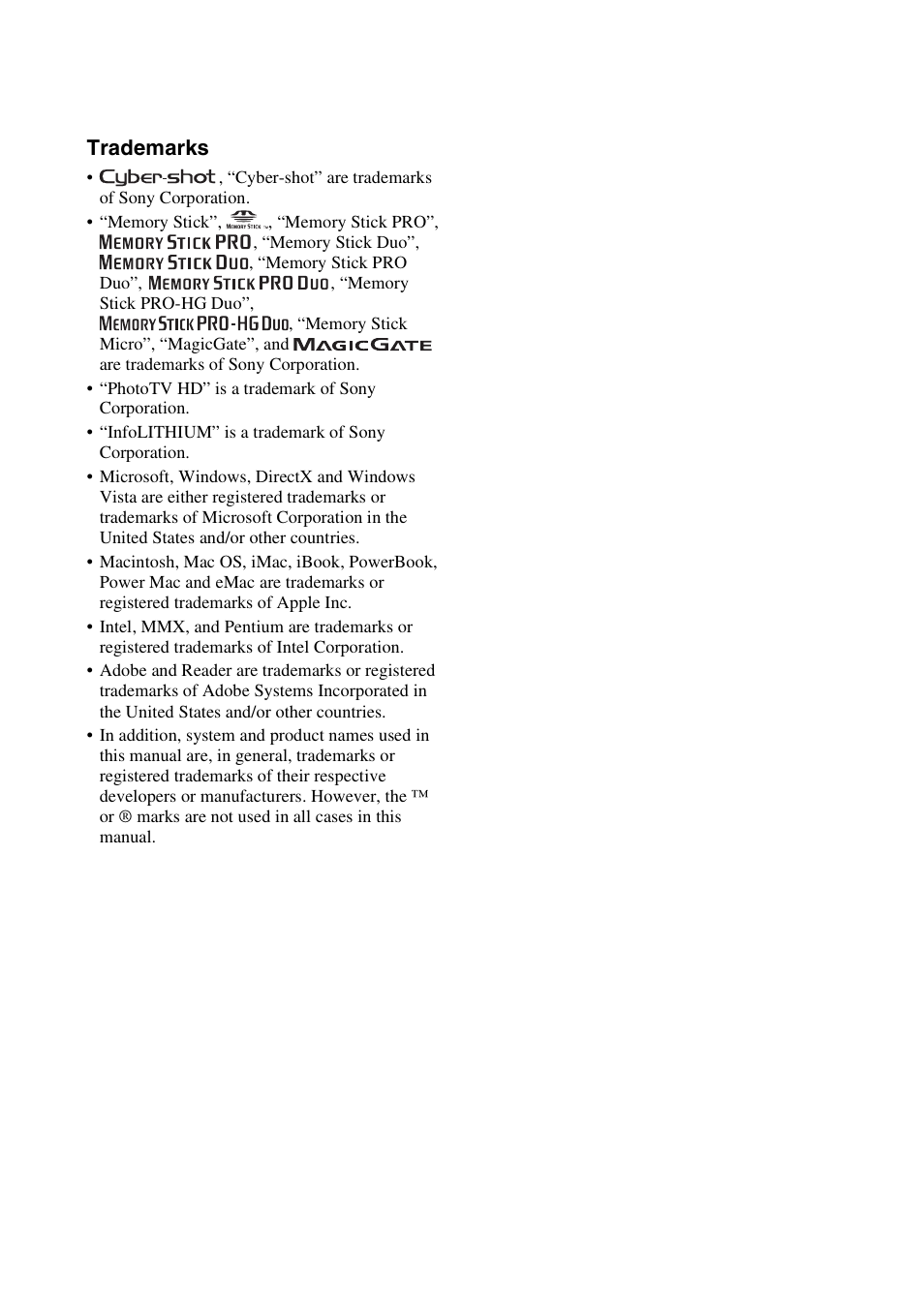 Trademarks | Sony DSC-W300 User Manual | Page 39 / 76