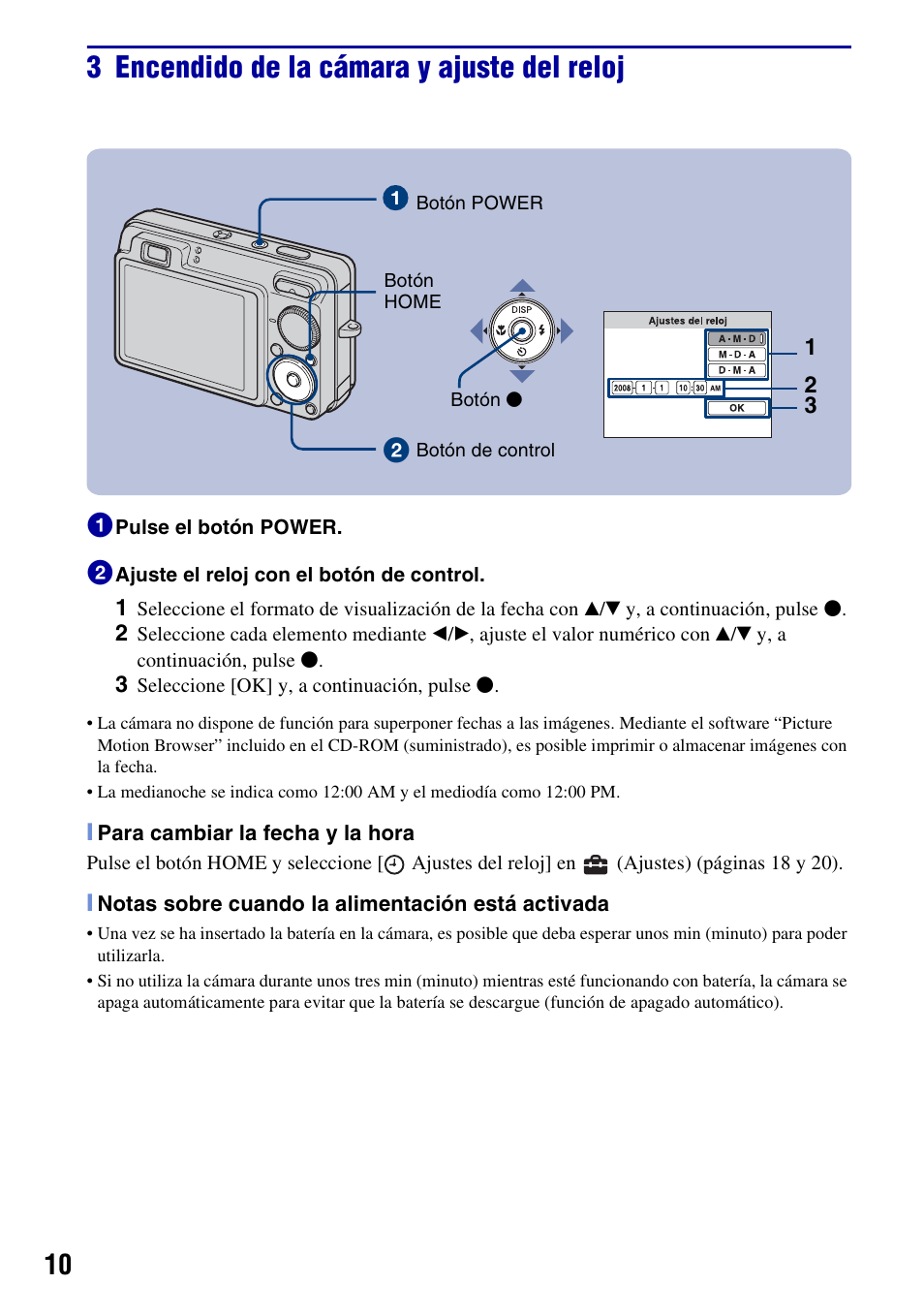 3 encendido de la cámara y ajuste del reloj | Sony DSC-W300 User Manual | Page 48 / 76