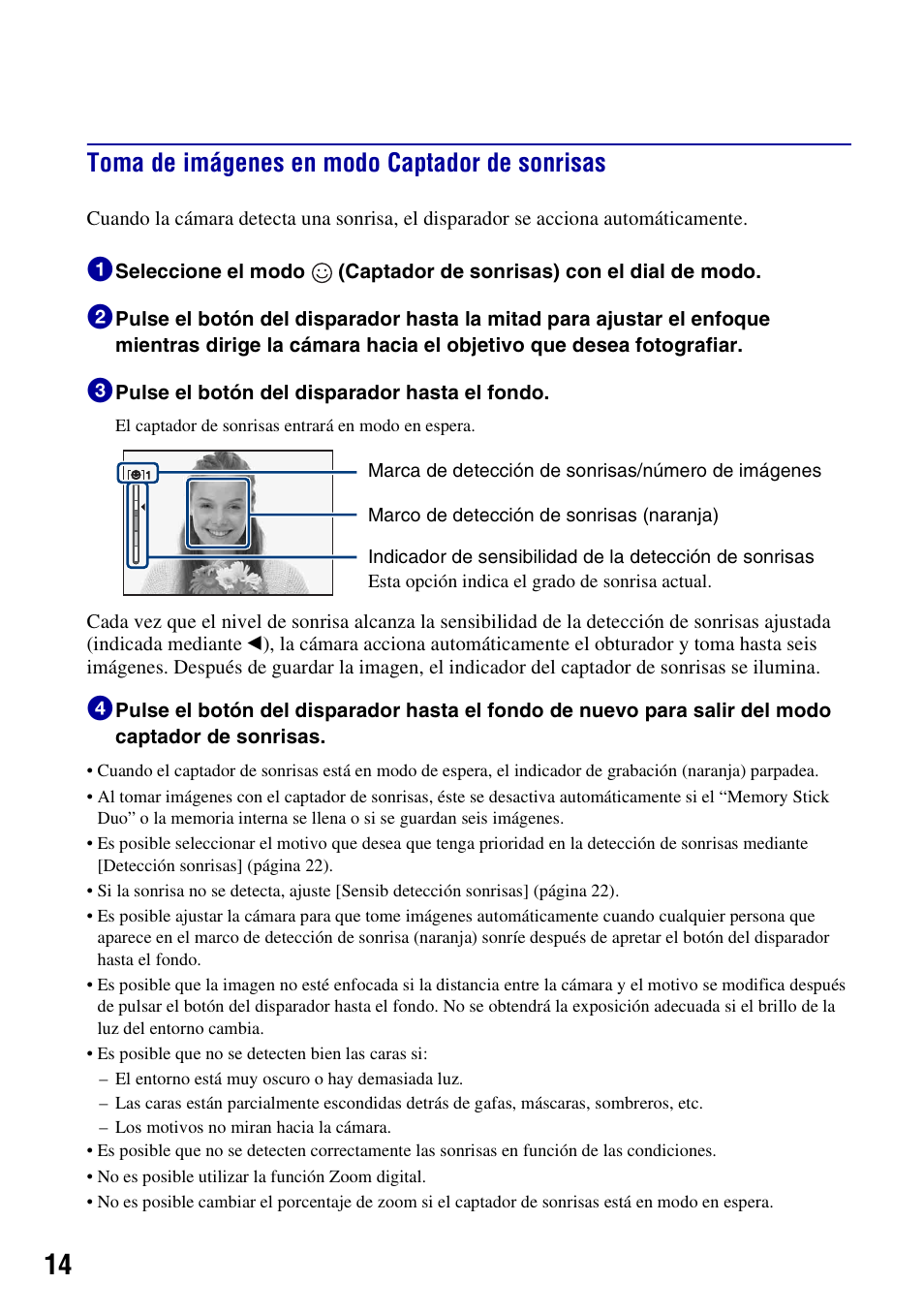 Toma de imágenes en modo captador de sonrisas | Sony DSC-W300 User Manual | Page 52 / 76