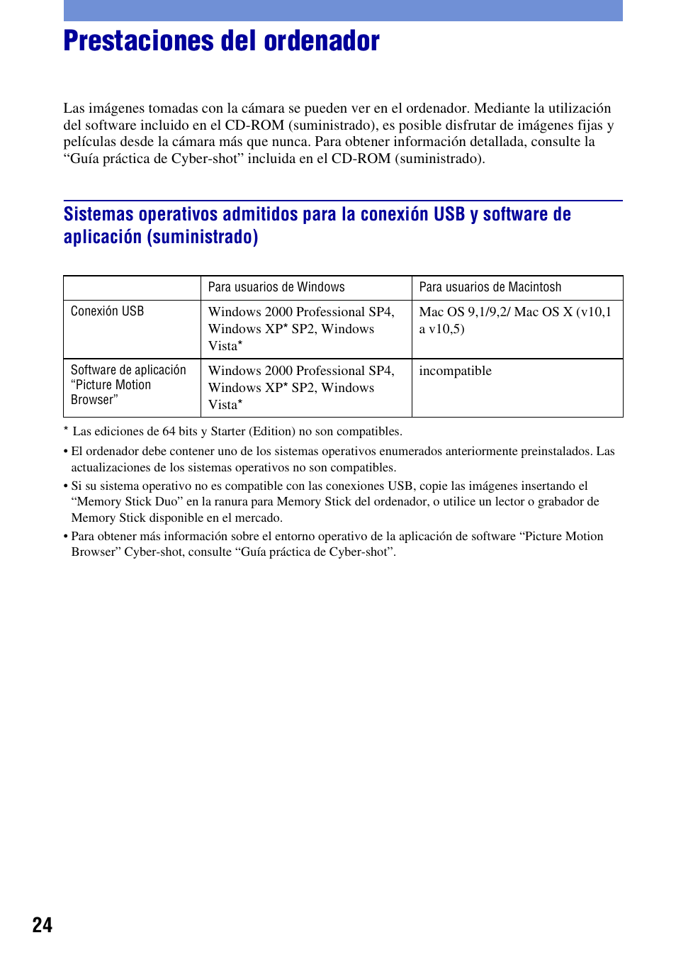 Prestaciones del ordenador | Sony DSC-W300 User Manual | Page 62 / 76