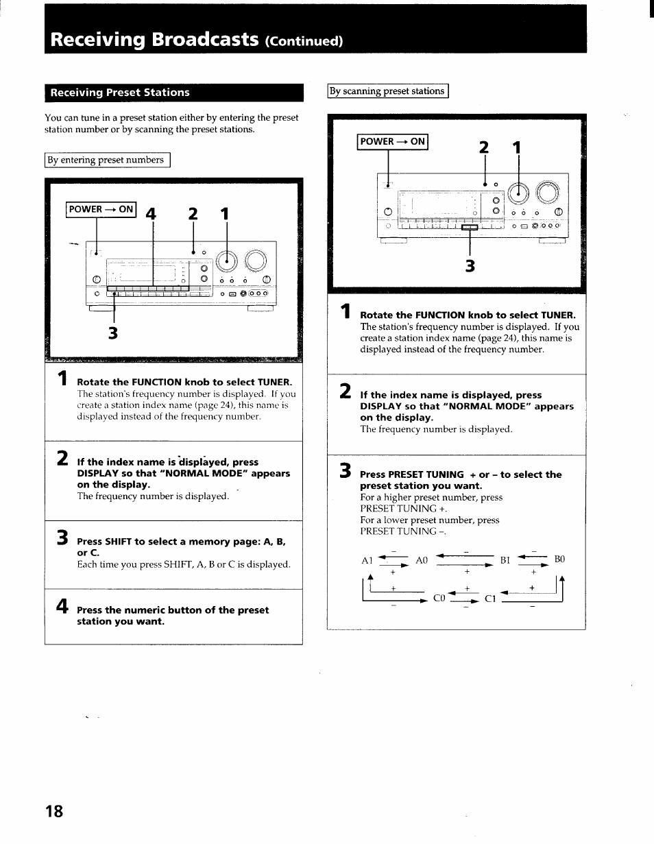 Receiving broadcasts (continued), Receiving preset stations, Recei\ ing preset stations | Receiving broadcasts | Sony STR-GX900ES User Manual | Page 18 / 50