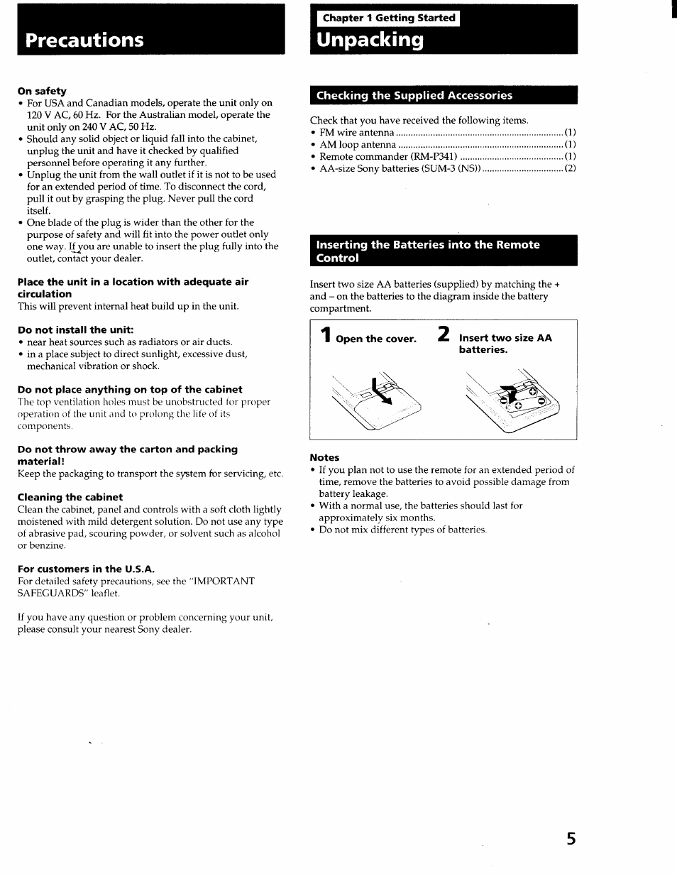 Precautions, Chapter 1 getting started, Unpacking | On safety, Do not install the unit, Do not place anything on top of the cabinet, Do not throw away the carton and packing material, Checking the supplied accessories, Inserting the batteries into the remote control, Notes | Sony STR-GX900ES User Manual | Page 5 / 50