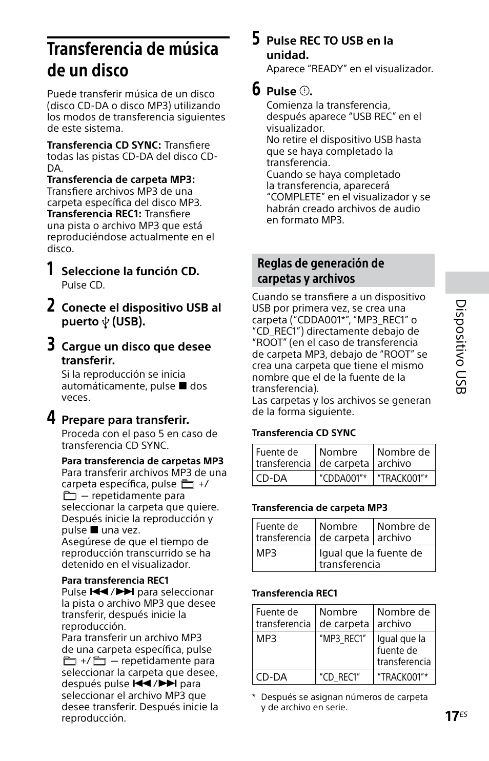 Transferencia de música de un disco, Transferencia de música de un, Disco | Dispositivo usb, Reglas de generación de carpetas y archivos | Sony MHC-EC619IP User Manual | Page 47 / 64