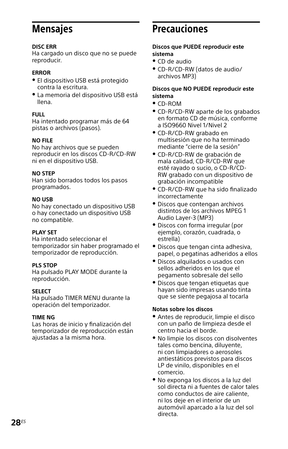 Mensajes, Precauciones, Mensajes precauciones | Sony MHC-EC619IP User Manual | Page 58 / 64