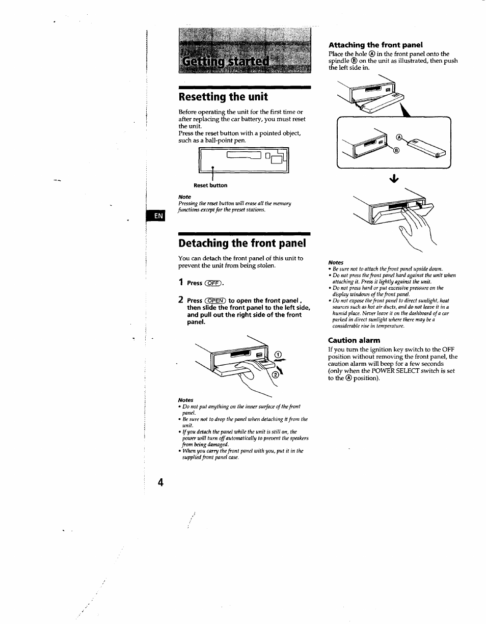 Resetting the unit, Detaching the front panei, Detaching the front panel | Gel№ng started | Sony XR-C500 User Manual | Page 4 / 22