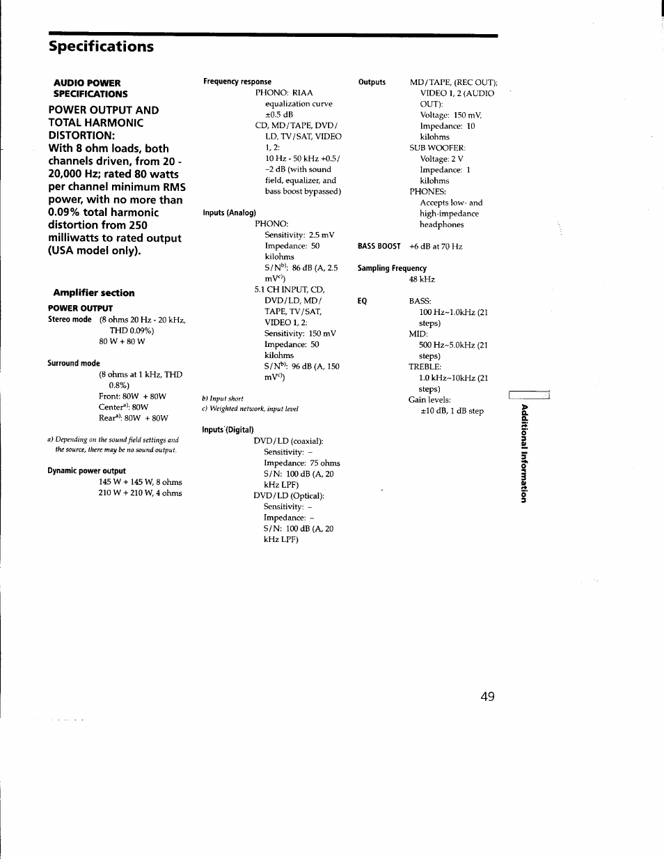 Specifications, Audio power specifications, Amplifier section | Surround mode, Dynamic power output, Frequency response, Inputs (analog), Inputs'(digital), Sampling frequency | Sony STR-DE635 User Manual | Page 49 / 52