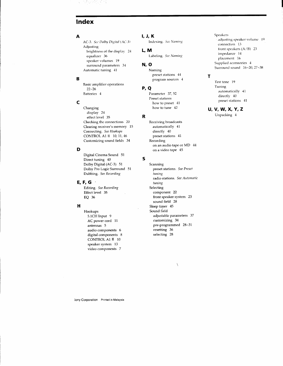 Index, P, q | Sony STR-DE635 User Manual | Page 52 / 52