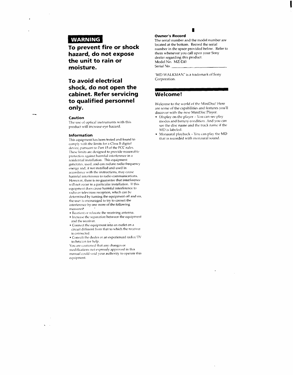 Caution, Information, Owner's record | Welcome | Sony MZ-E40 User Manual | Page 2 / 11