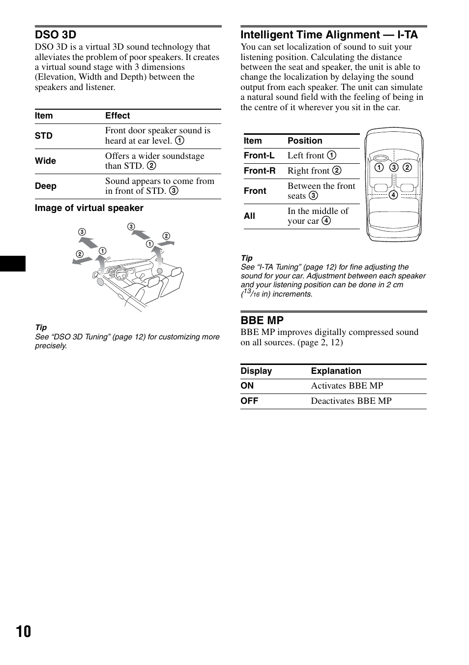 Dso 3d, Intelligent time alignment - i-ta, Bbe mp | Dso 3d intelligent time alignment — i-ta bbe mp, Intelligent time alignment — i-ta | Sony CDX-GT805DX User Manual | Page 10 / 72