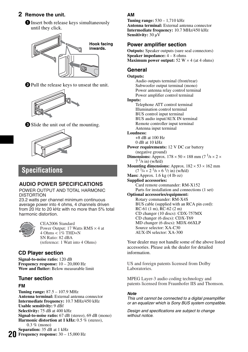 Specifications | Sony CDX-GT805DX User Manual | Page 20 / 72