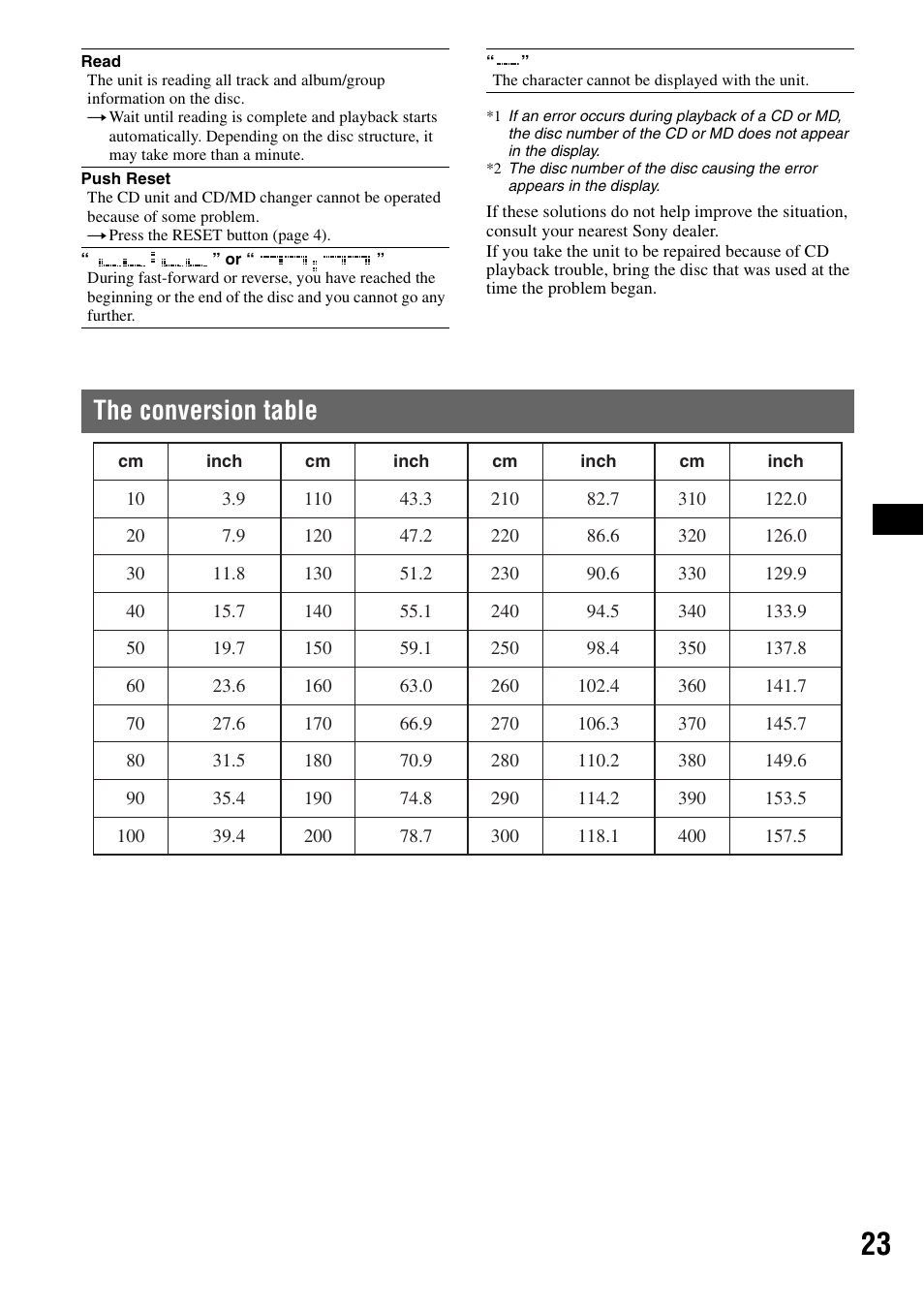 The conversion table | Sony CDX-GT805DX User Manual | Page 23 / 72