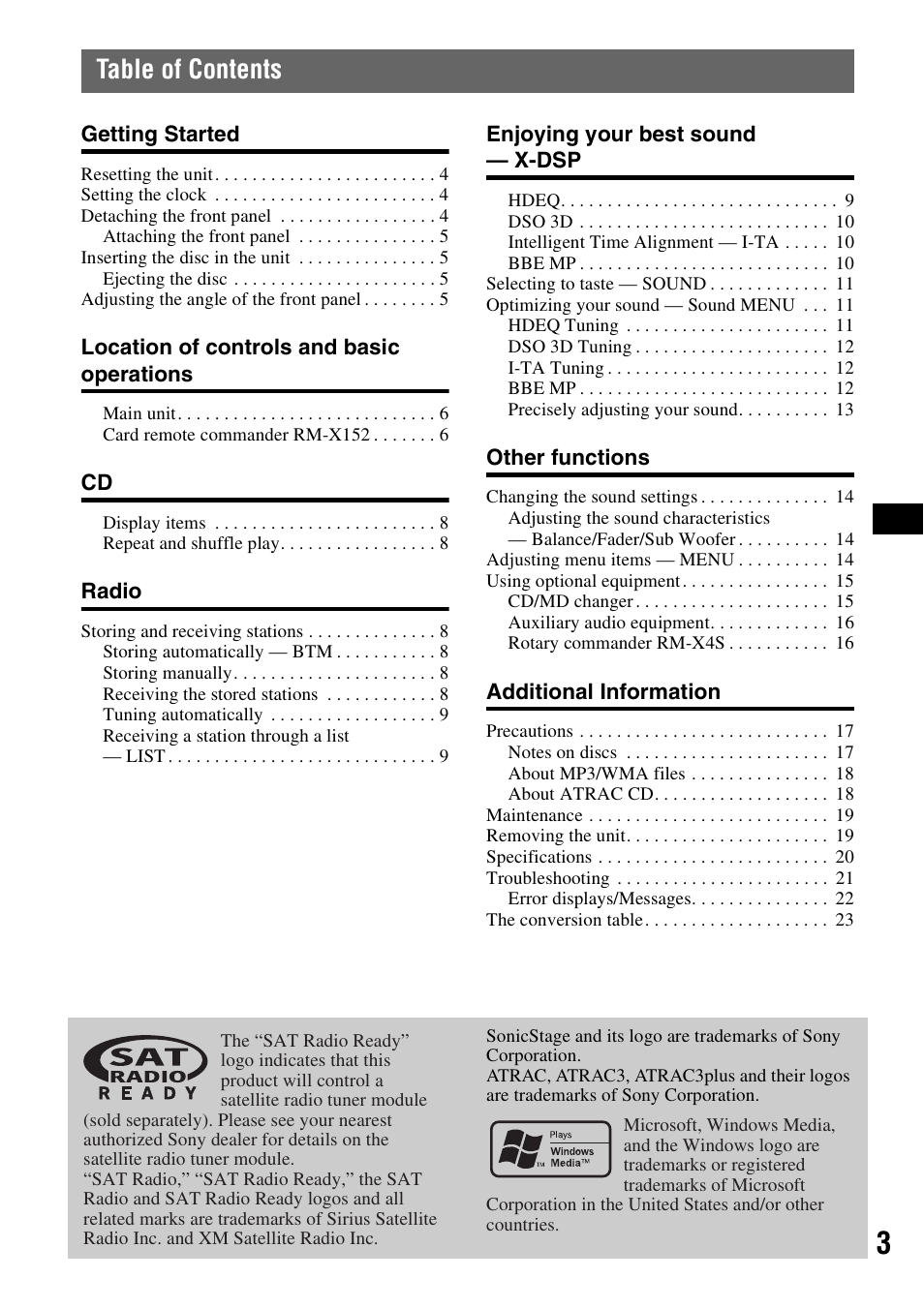 Sony CDX-GT805DX User Manual | Page 3 / 72