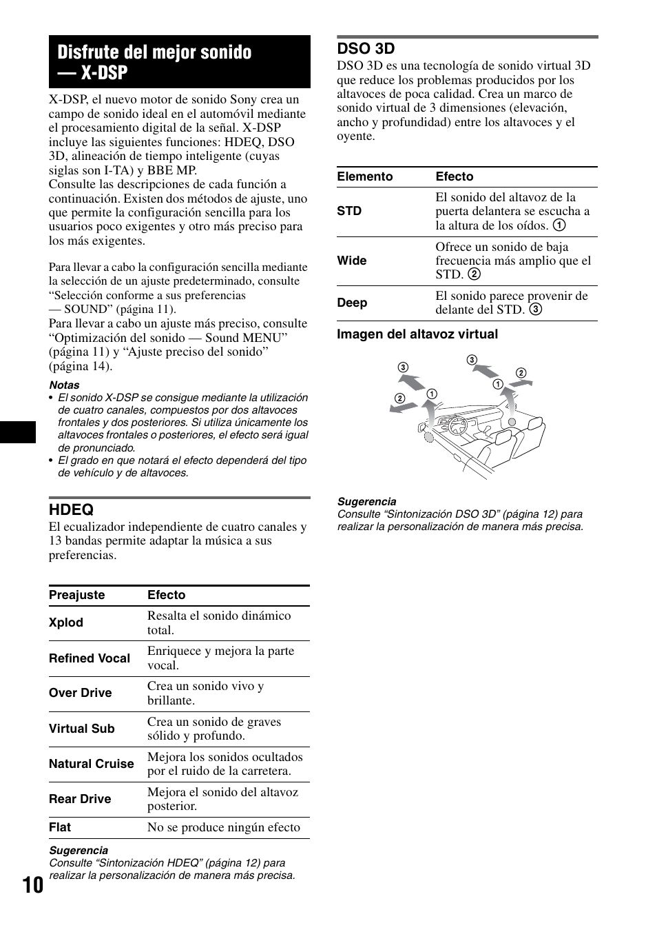 Disfrute del mejor sonido - x-dsp, Hdeq, Dso 3d | Disfrute del mejor sonido — x-dsp, Hdeq dso 3d | Sony CDX-GT805DX User Manual | Page 56 / 72