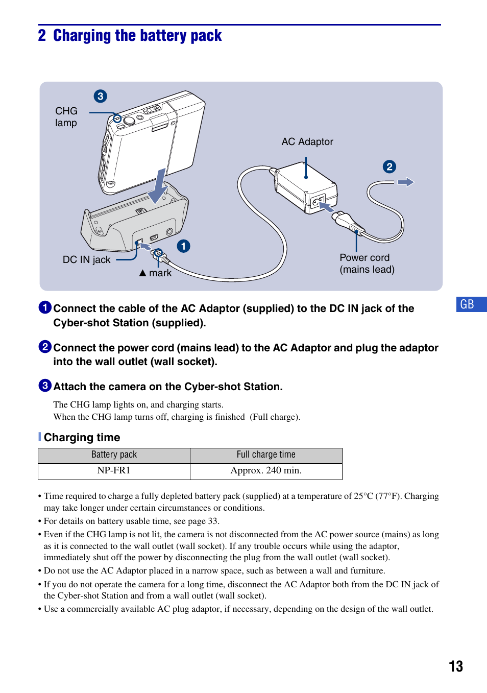 2 charging the battery pack | Sony DSC-G1 User Manual | Page 13 / 76