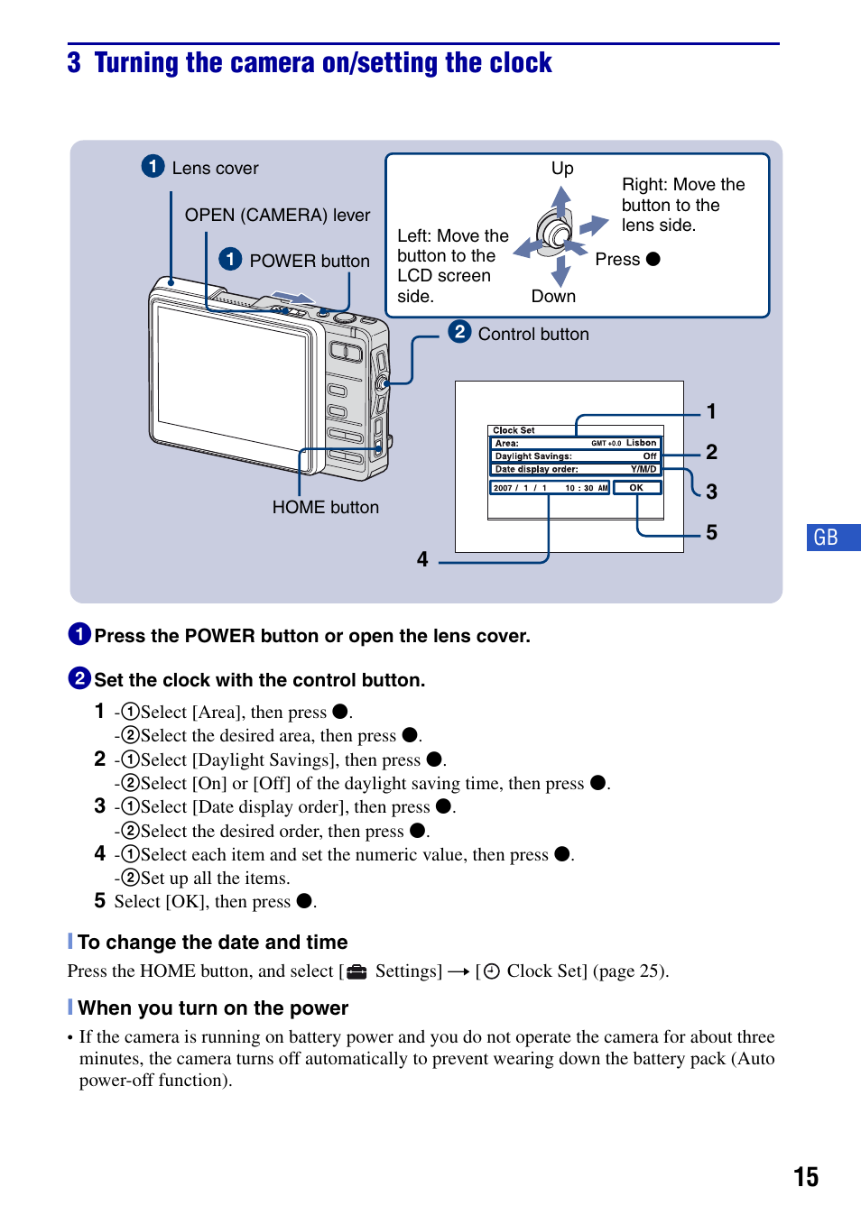 3 turning the camera on/setting the clock | Sony DSC-G1 User Manual | Page 15 / 76