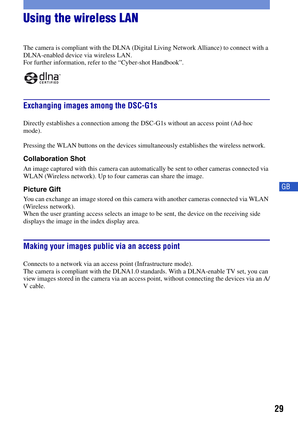 Using the wireless lan, Exchanging images among the dsc-g1s, Making your images public via an access point | Sony DSC-G1 User Manual | Page 29 / 76