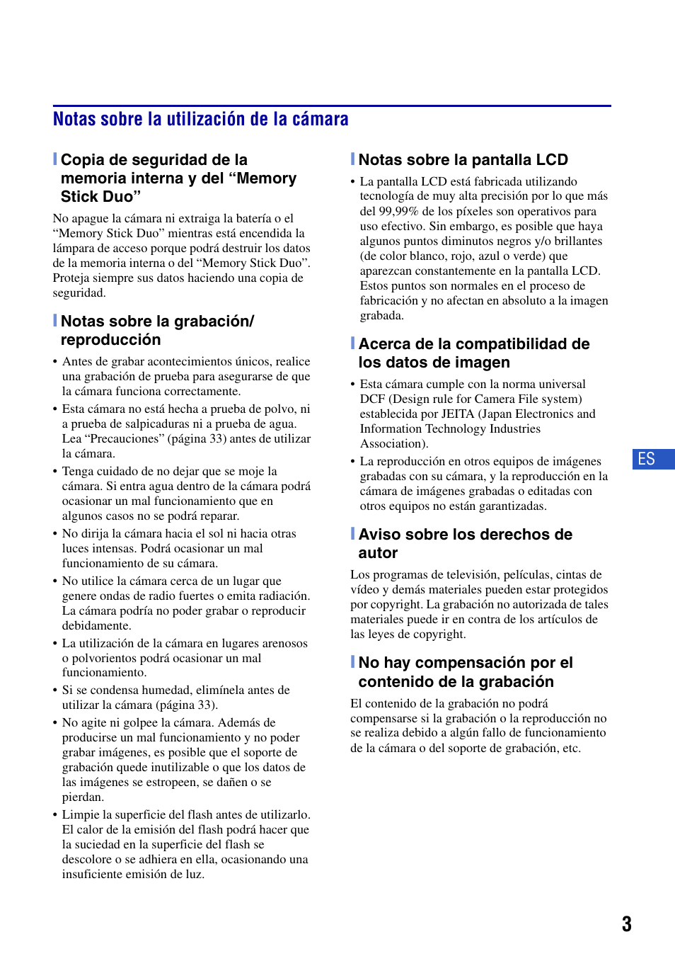 Notas sobre la utilización de la cámara | Sony DSC-G1 User Manual | Page 41 / 76