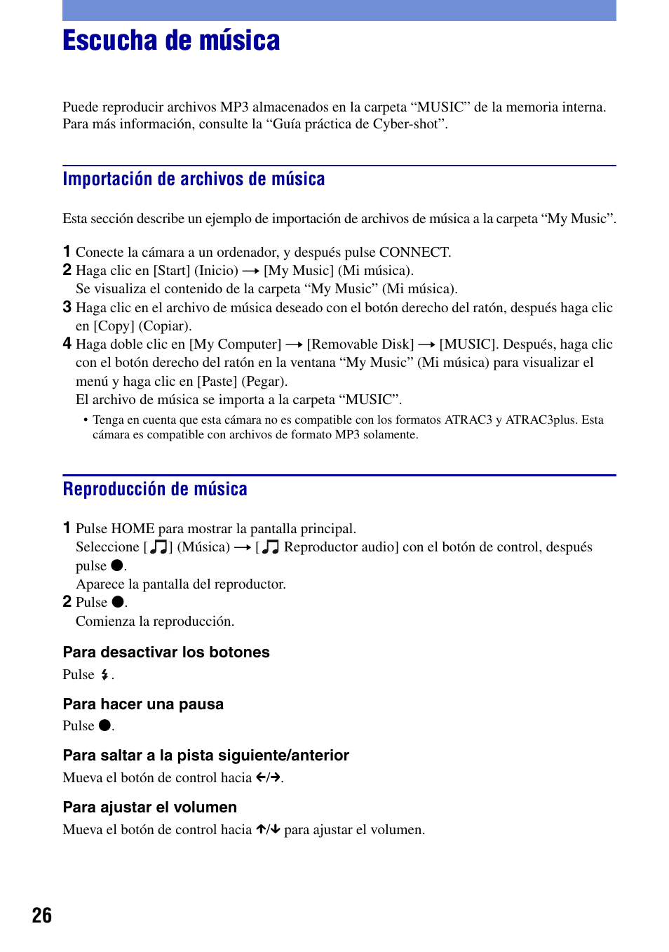 Escucha de música, Importación de archivos de música, Reproducción de música | Sony DSC-G1 User Manual | Page 64 / 76
