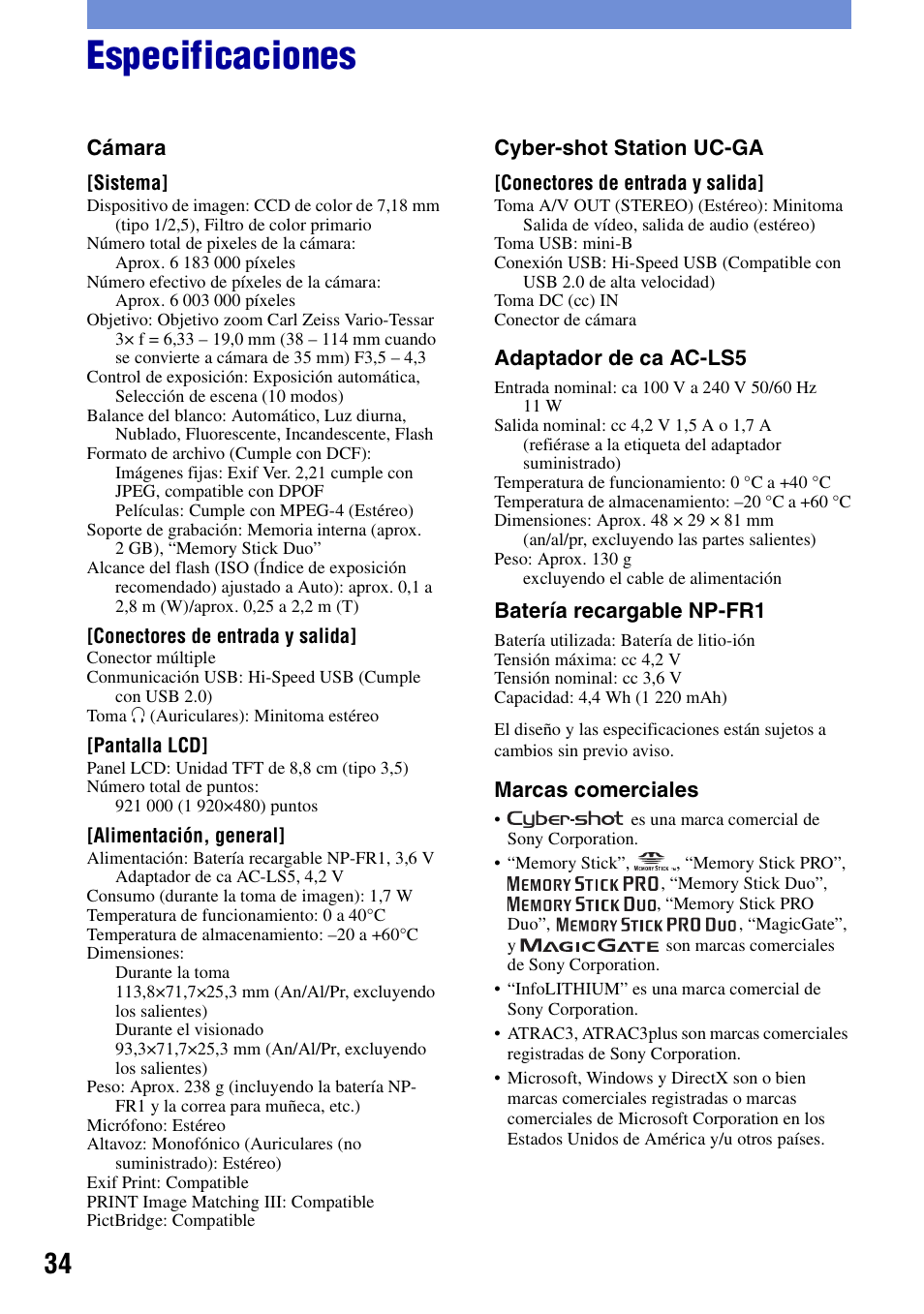 Especificaciones | Sony DSC-G1 User Manual | Page 72 / 76