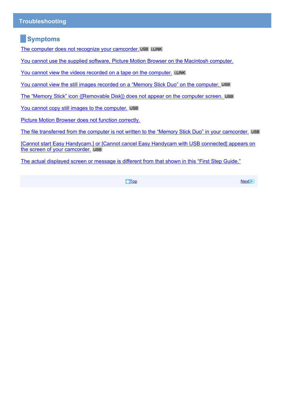 Troubleshooting, Symptoms | Sony HDR-HC7 User Manual | Page 29 / 34