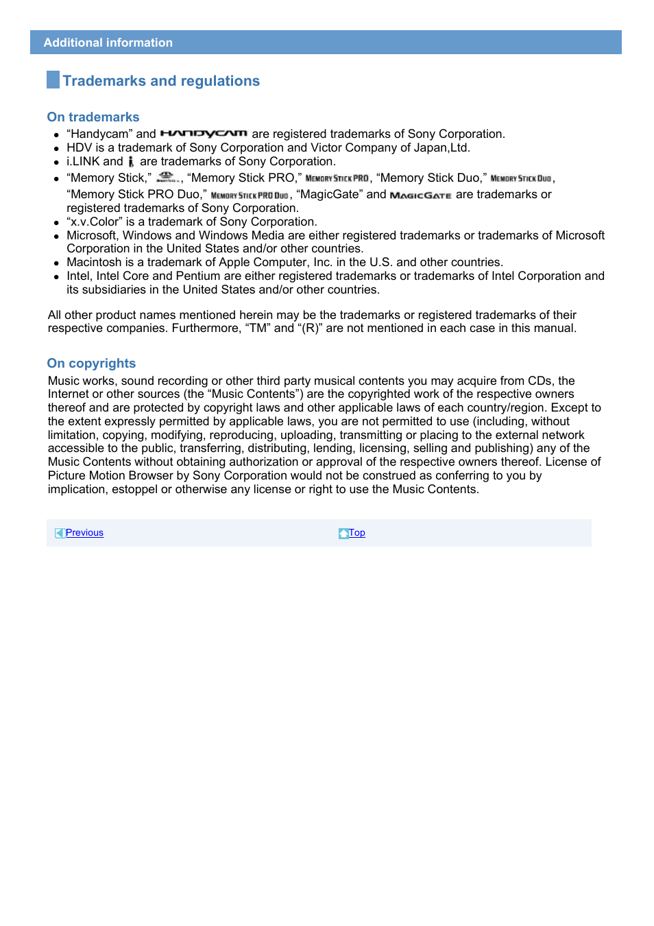 Trademarks and regulations, On trademarks, On copyrights | Sony HDR-HC7 User Manual | Page 33 / 34