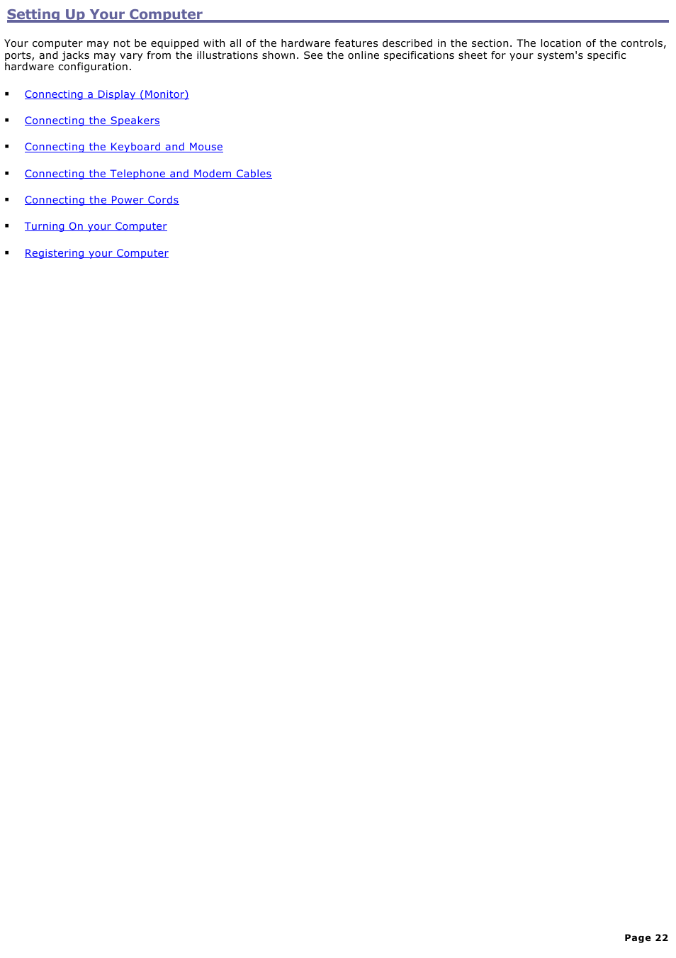 Setting up your computer | Sony PCV-RS411 User Manual | Page 22 / 146