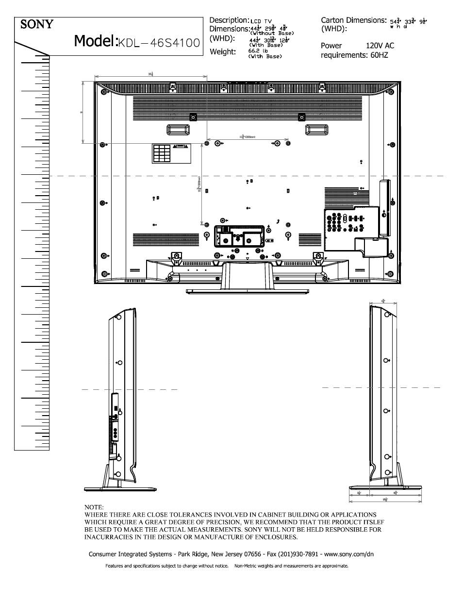 Model, Sony | Sony KDL-46S4100 User Manual | Page 2 / 2