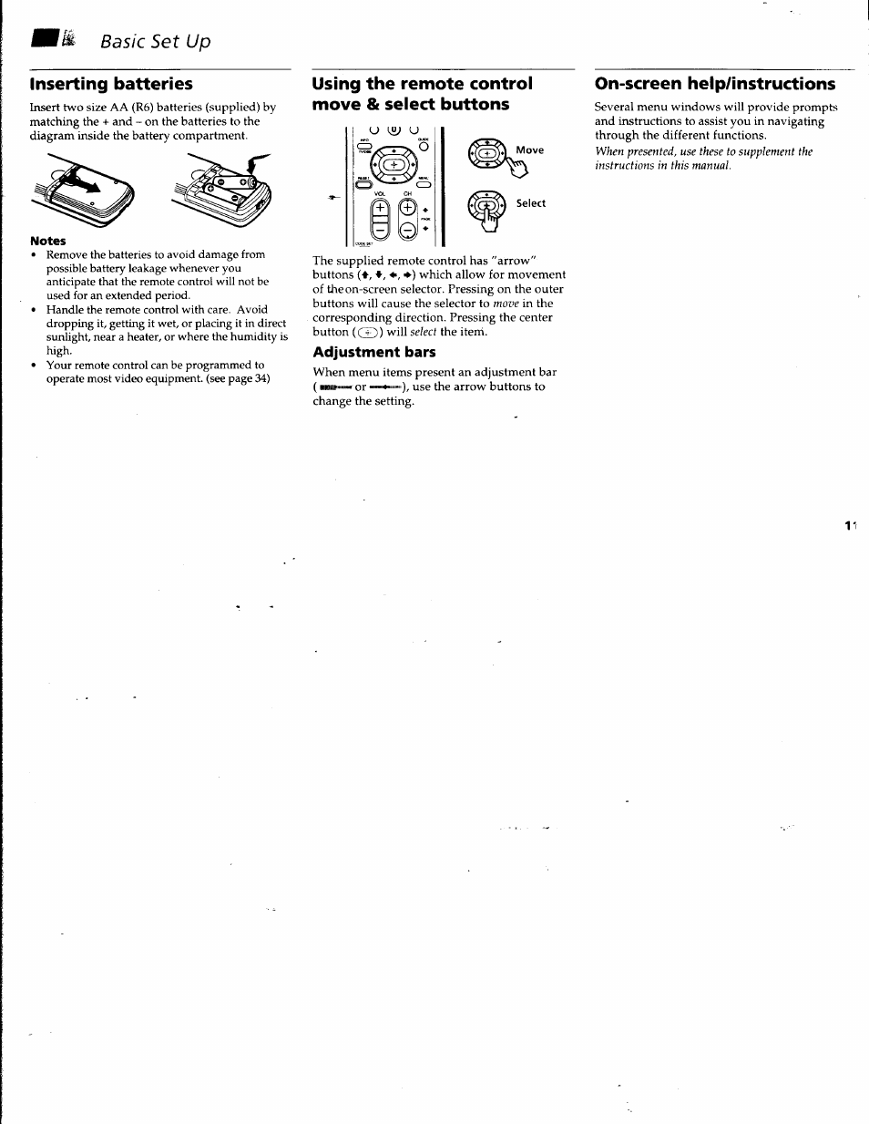 Basic set up, Inserting batteries, Using the remote control move & select buttons | Notes, On-screen help/instructions, Adjustment bars | Sony KV-32V68 User Manual | Page 15 / 45