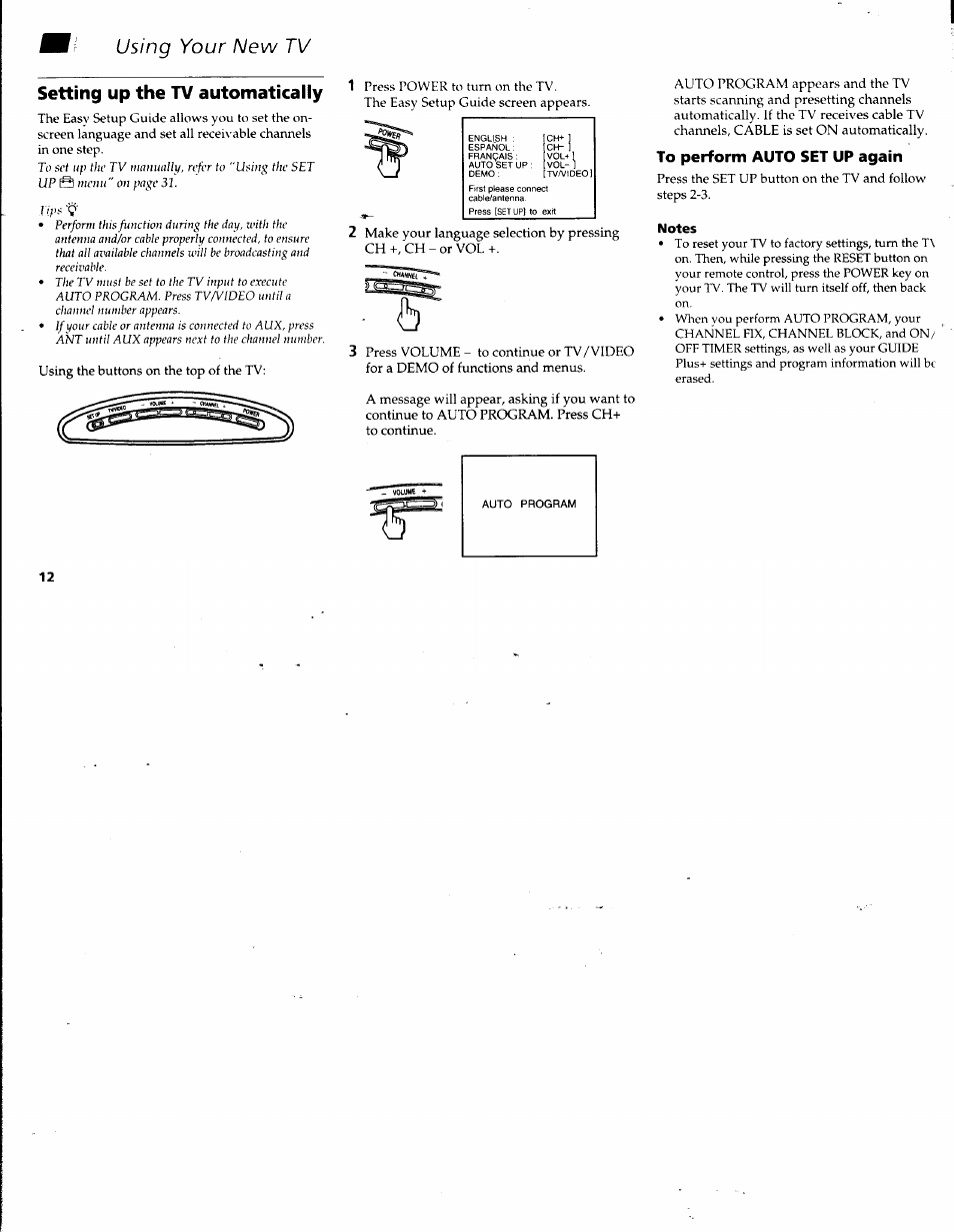 To perform auto set up again, Notes, Mil- using your new tv | Setting up the tv automatically | Sony KV-32V68 User Manual | Page 16 / 45