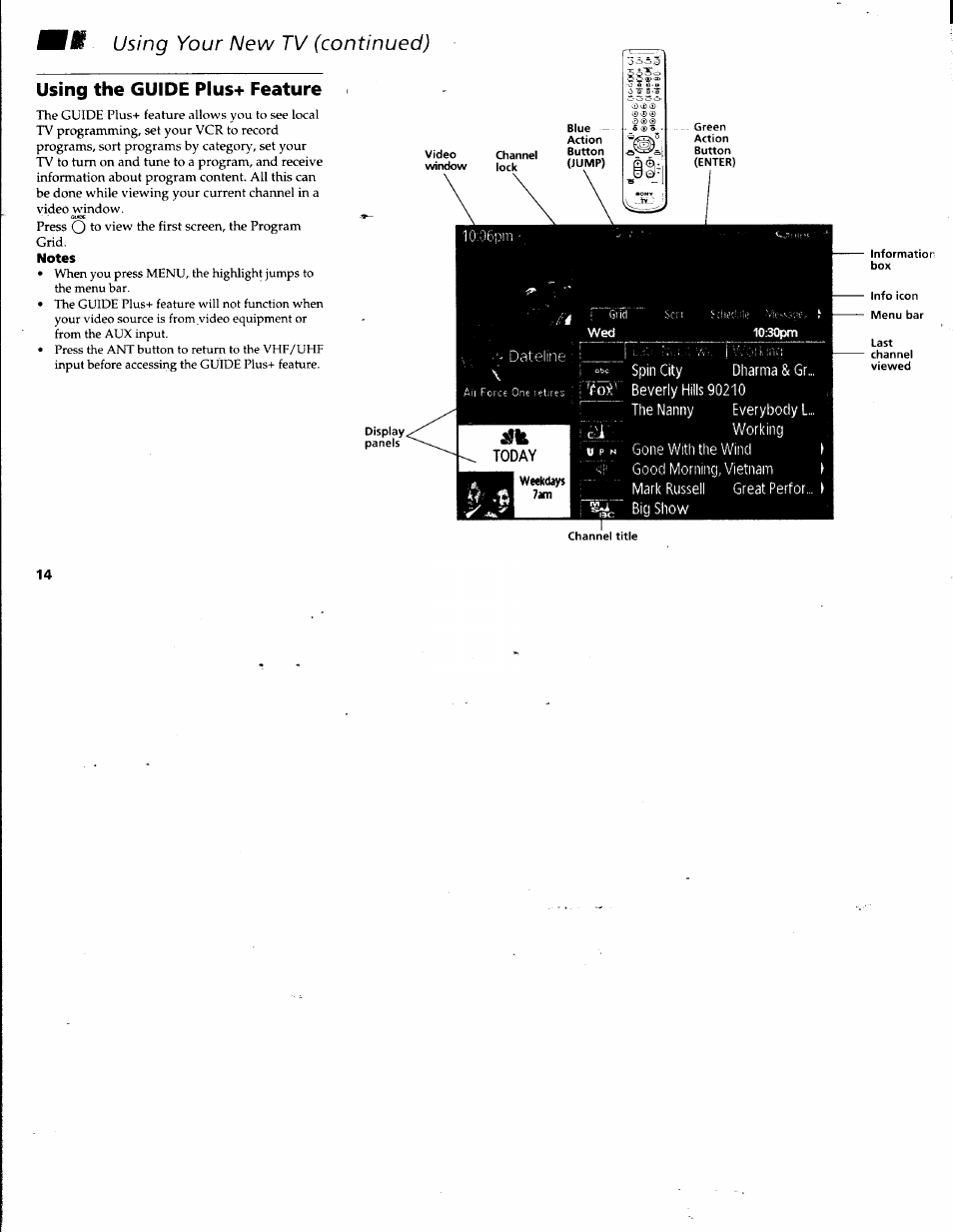 Using the guide plus+ feature, Notes, Weekdays | 7am | Setting up the guide pi, Feature 13, Using your new tv (continued) | Sony KV-32V68 User Manual | Page 18 / 45