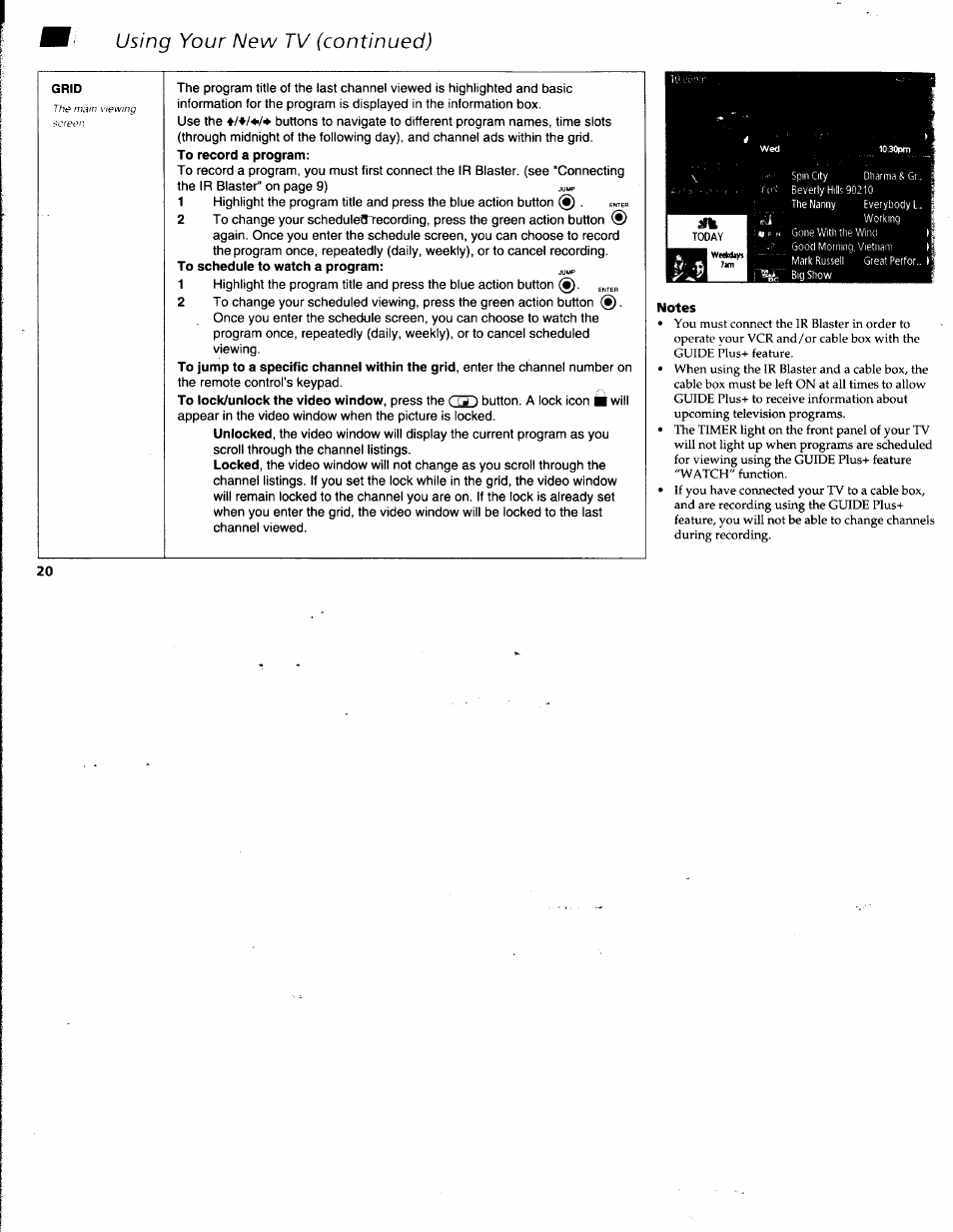 Grid, Notes, Using your new tv (continued) | Sony KV-32V68 User Manual | Page 24 / 45