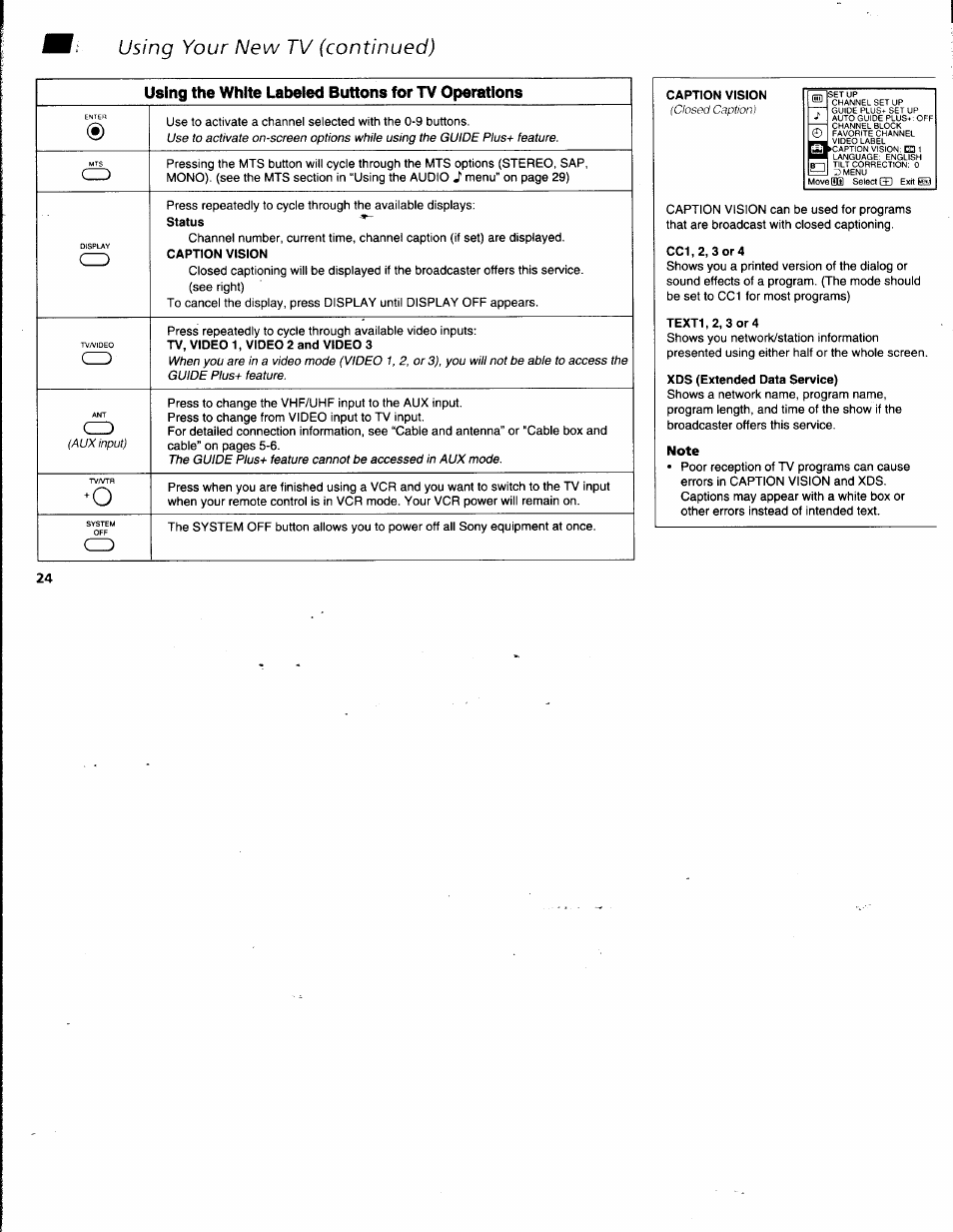 Caption vision, Cc1,2, 3or4, Text1,2, 3or4 | Xds (extended data service), Note, Using your new tv (continued), Using the white labeied buttons for tv operations | Sony KV-32V68 User Manual | Page 28 / 45