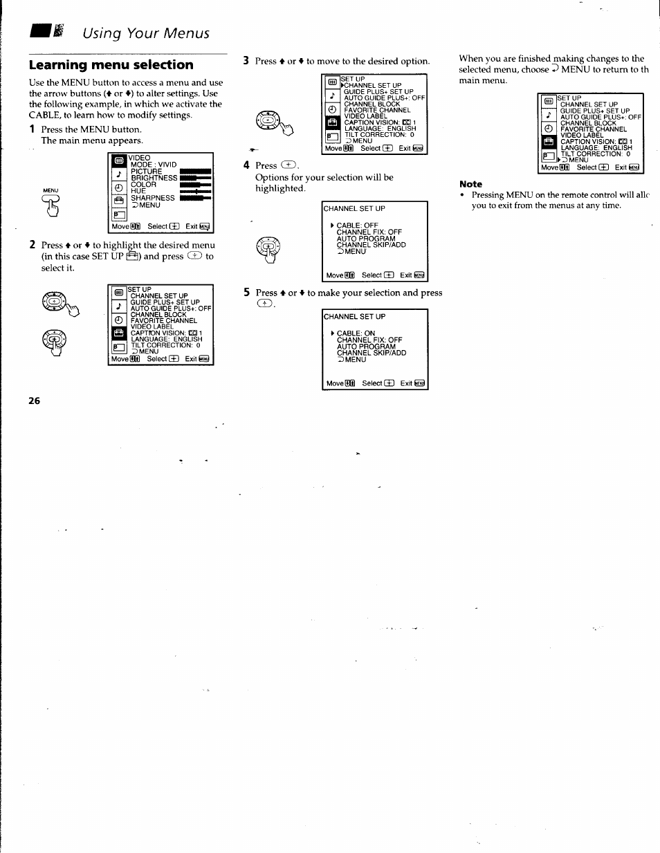 I using your menus, Learning menu selection, Note | Using your menus | Sony KV-32V68 User Manual | Page 30 / 45