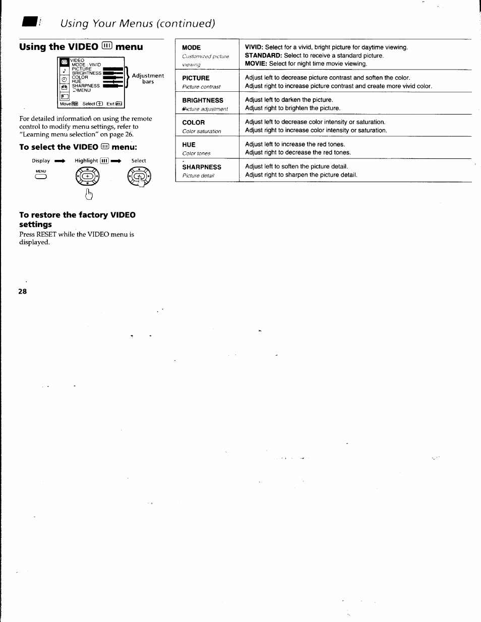 To select the video (iii) menu, To restore the factory video settings, Using your menus (continued) | Using the video (hii menu | Sony KV-32V68 User Manual | Page 32 / 45