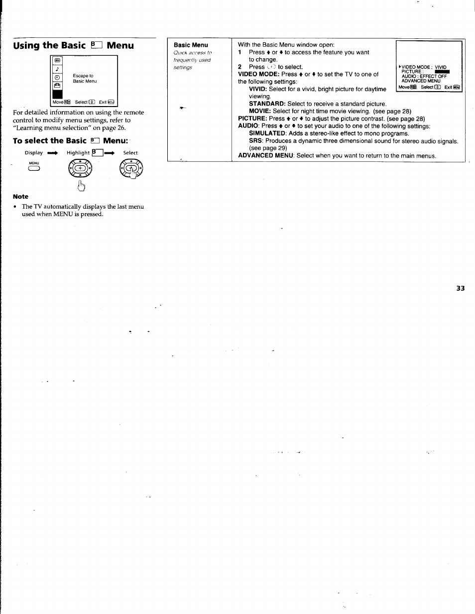 To select the basic q menu, Note, Basic menu | Using the basic eh menu | Sony KV-32V68 User Manual | Page 37 / 45