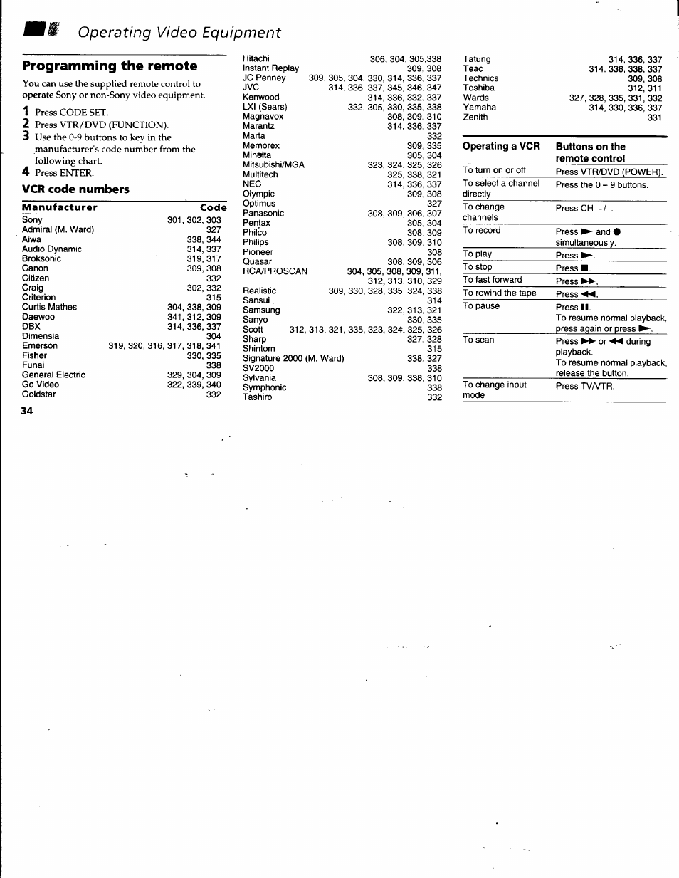 Operating video equipment, Programming the remote, Vcr code numbers | Manufacturer, Code, Programming the remote control | Sony KV-32V68 User Manual | Page 38 / 45