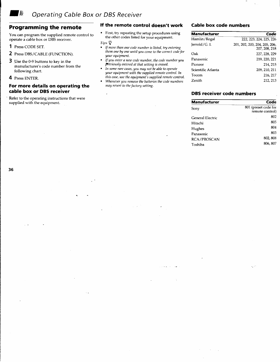 Programming the remote, Cable box code numbers, Programming the remote control | Operating cable box or dbs receiver, If the remote control doesn't work, Dbs receiver code numbers | Sony KV-32V68 User Manual | Page 40 / 45